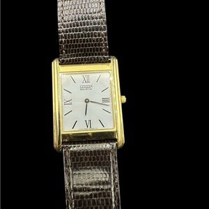 Citizen Stiletto Men’s Gold and Brown Tank Watch. Very Thin. Beautiful leather